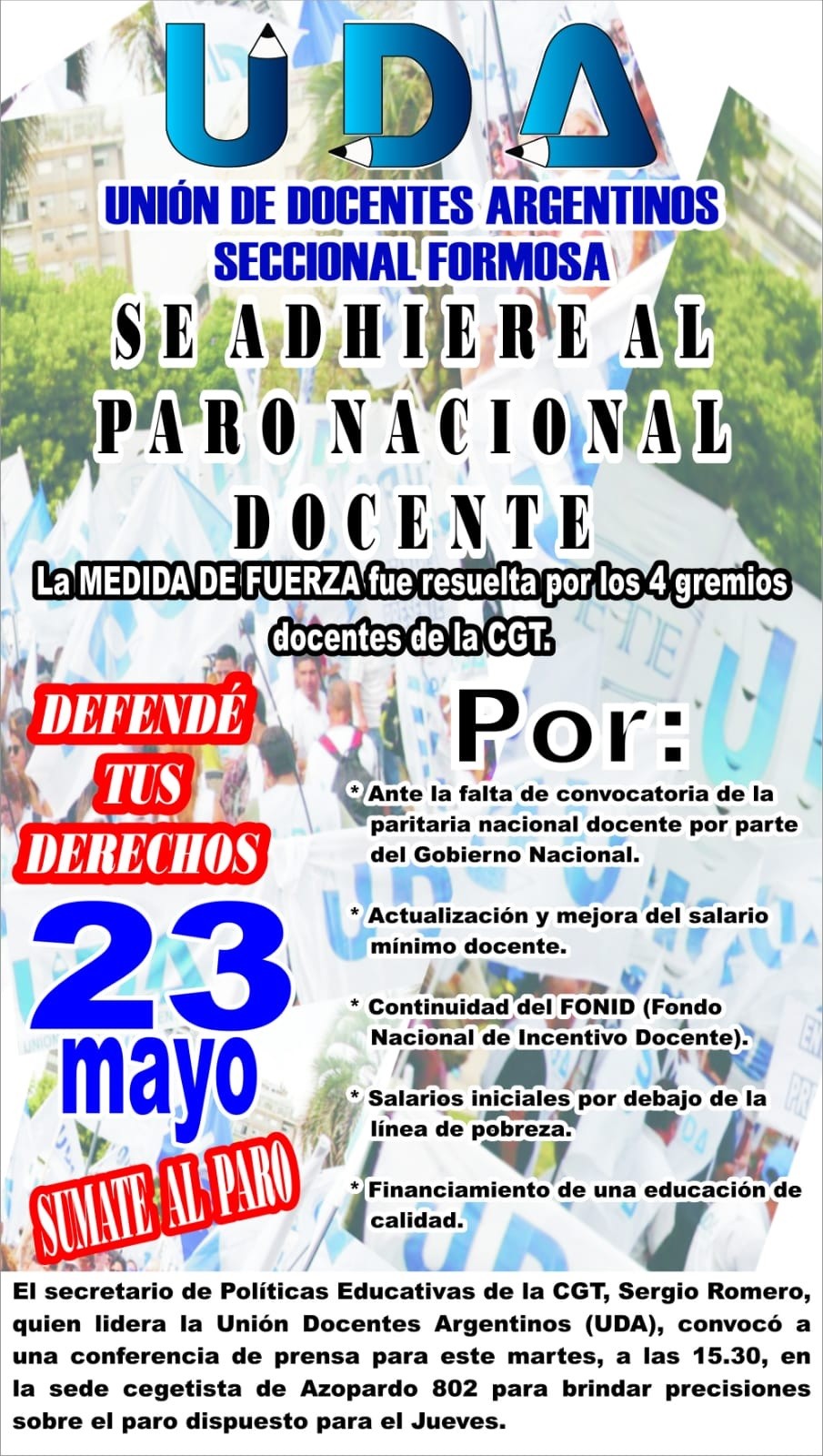UDA: Unión Docentes Argentinos adhiere al paro nacional de este jueves 23 de mayo
